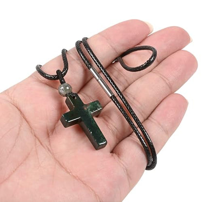 Justinstones Natural Gemstone Carved Cross Reiki Chakra Pendant Necklace 22 Inch - color: 30mm Moss Agate