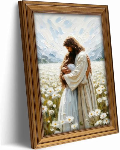 ZLSYQALW 1Pcs Vintage Gold Framed Jesus Hugging Girl Canvas Wall Art - color: vintage gold-framed, size: 24"L x 16"W