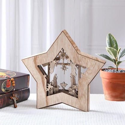 Bucherry Wooden Nativity Scene Christmas Decoration LED, Star - style: Star