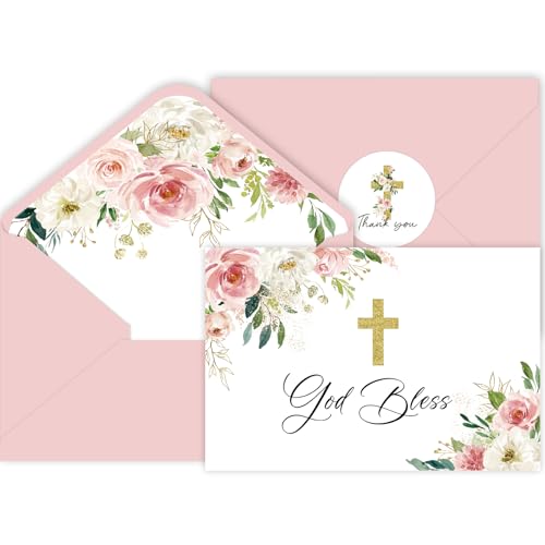 48 Pack Christian Thank You Cards, Watercolor Pink Floral Cross Baptism Thank You Cards with Envelopes & Stickers, First Communion & Religious Occasions - style: 48 Pcs - Pink Christian
