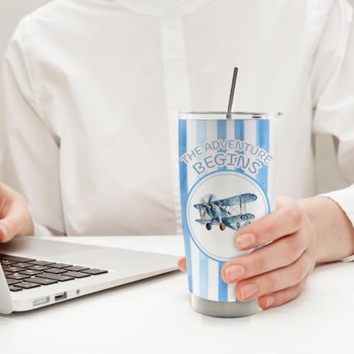 Blue Striped Airplane Kids 20oz Travel Coffee Mug Tumbler - color: begins