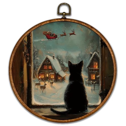 BCUANGD Christmas Round Wall Art Decor - Vintage Winter Black Cat Wall Art Canvas Frame Artwork Prints, Rustic Holiday Xmas Cottage Round Wall Hanging Decorations for Home Farmhouse, 10"x10" - color: Christmas-10