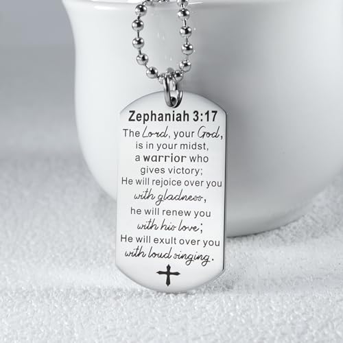 Christian Scripture Religious Dog Tag Necklace,Catholic Bible Verse Baptism Confirmation Sacrament Gifts - style: Zephaniah 3:17