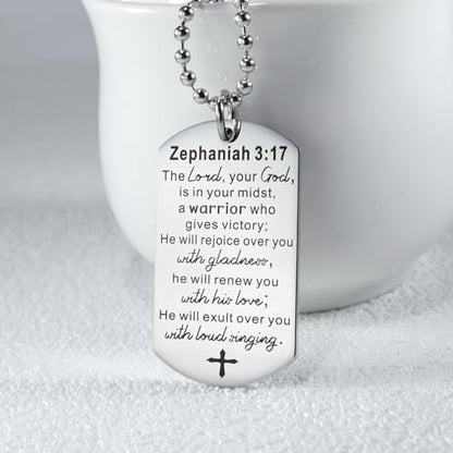 Christian Scripture Religious Dog Tag Necklace,Catholic Bible Verse Baptism Confirmation Sacrament Gifts - style: Zephaniah 3:17