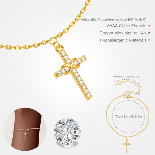 Gold Cross Bracelet for Women, Dainty 18K Gold Plated Double Pendant Jewelry, Sparkling Zirconia Prayer Bracelet, Adjustable Link Chain Lobster Clasp (5.9in + 2.4in) - style: Twisted Cross Bracelet