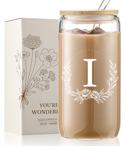 Personalized Gifts for Women, Monogrammed 16oz Glass Cups with Bamboo Lids and Straws, Customized Glass Tumbler, Cute Custom Mug, Customizable Initial Iced Coffee Glasses, Birthday Bridesmaid Mom, I - style: I