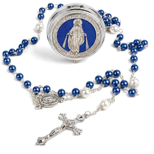 Catholic Pearl Cross Rosary Necklace — Ideal for Baptism, Prayer, Devotion — 6mm Glass Beads & 8mm Our Father Beads w/Caps, Miraculous Jewelry Box – Perfect Religious Gift for Women, Men - color: Blue