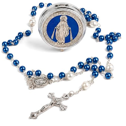 Catholic Pearl Cross Rosary Necklace — Ideal for Baptism, Prayer, Devotion — 6mm Glass Beads & 8mm Our Father Beads w/Caps, Miraculous Jewelry Box – Perfect Religious Gift for Women, Men - color: Blue
