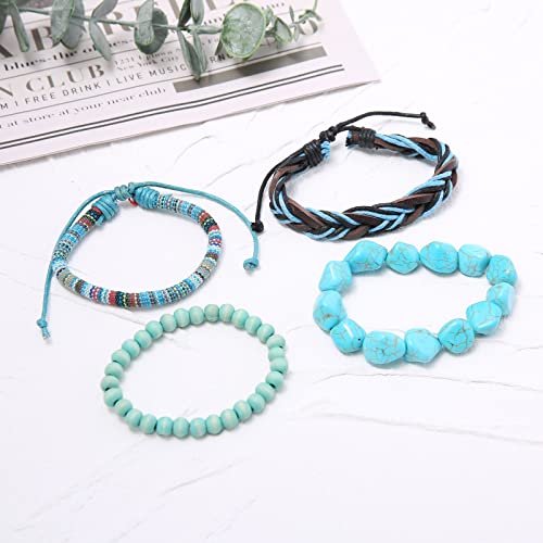 HZMAN Handmade Hemp Cords Wood Beads Leather Bracelets for Men Women - style: Turquoise