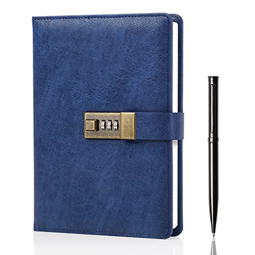 WEMATE Diary with Lock, A5 PU Leather Journal with Lock 240 Pages Blue - color: Blue