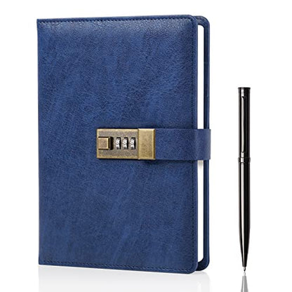 WEMATE Diary with Lock, A5 PU Leather Journal with Lock 240 Pages Blue - color: Blue