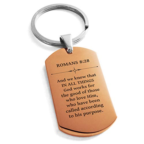 Stainless Steel in All Things Romans 8:28 Dog Tag Keychain Keyring - color: Rose Gold