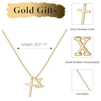 Cross Initial Necklace for Women, 14K Gold Plated Dainty Cross & Letter(A-Z) Pendant Necklace, Personalized Monogram Letter Christian Jewelry,Baptism First Communion Confirmation Easter Gift - color: X