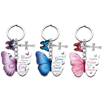 3 Pack Christian Butterfly Cross Keychains, Women Bible Verse Keychains, Inspirational Religious Gifts (Purple, Blue, Pink)