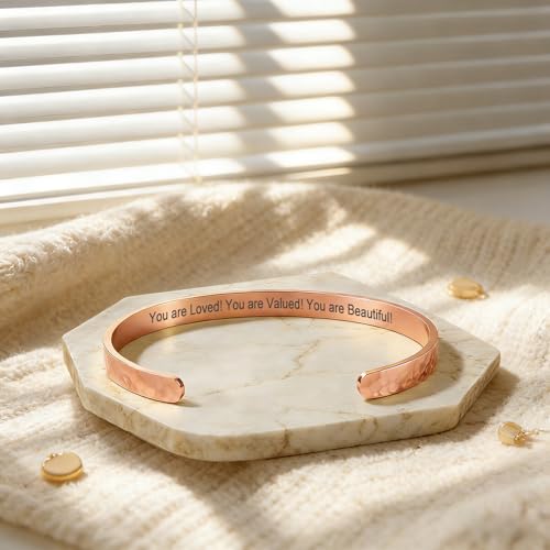Inspirational Bible Verse Cuff Bracelet for Women, 18K Gold Plated Hammered Bangle, Christian Faith Jewelry Gift, Adjustable Non Tarnish - color: You are Loved! You are Valued! You are Beautiful!-Hammered Rose Gold