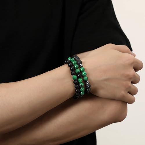 Mens Beaded Bracelets, 8MM Beaded Bracelets for Men, Natural Tiger Eye Bead Bracelet, Stretch Elastic Beads Bracelets for Men - color: 3 malachite black volcanic