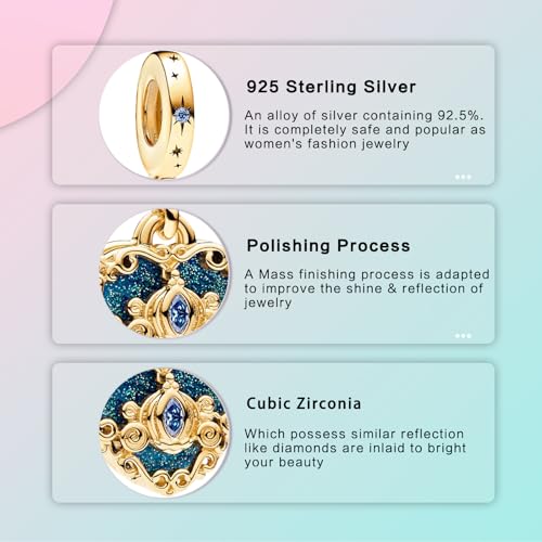 LUXILLA 925 Sterling Silver Charm Golden Family Tree Sparkling Cross Cute Dragon Charms Fits Bracelets Necklace Pendant Bead Jewelry Gift for Women Family Friends - color: Cinderella's Carriage Heart Charm