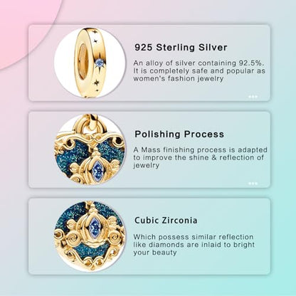 LUXILLA 925 Sterling Silver Charm Golden Family Tree Sparkling Cross Cute Dragon Charms Fits Bracelets Necklace Pendant Bead Jewelry Gift for Women Family Friends - color: Cinderella's Carriage Heart Charm