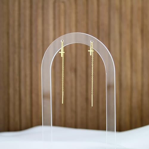 Sterling Silver Earrings Cross Threader for Women | Minimalist Chain Earrings Double Piercings | Dangle Earrings (Gold-plated sterling silver) - color: Sterling silver
