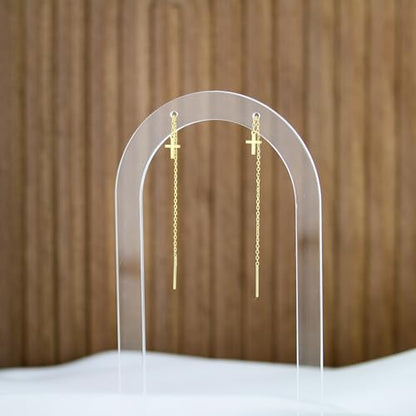 Sterling Silver Earrings Cross Threader for Women | Minimalist Chain Earrings Double Piercings | Dangle Earrings (Gold-plated sterling silver) - color: Gold-plated sterling silver