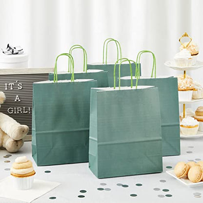BLUE PANDA 25-Pack Dark Green Gift Bags with Handles, 8x4x10-Inch Paper Goodie Bags for Party Favors and Treats, Birthday Party Supplies
