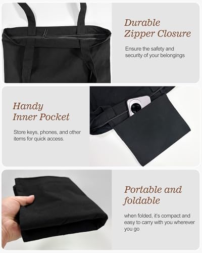 Canvas Tote Bag with Zipper, Halloween Trick or Treat Bags for Kids Bulk - color: [A2] Black