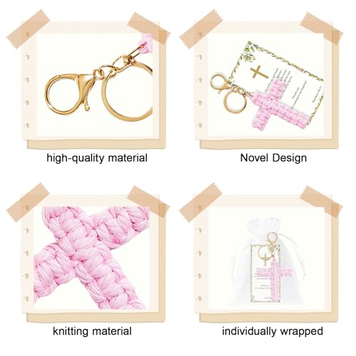 6 Set Cross Keychains, Christian Religious Keychains Bulk With Cards Organza Bags, Communion & Confirmation Presents - color: Pink