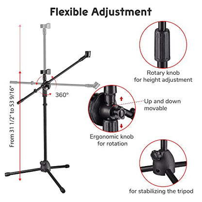 AW Adjustable Height Tripod Boom Microphone Stand Floor Dual Mic Clip - color: Black-2 Mic Clips, size: 1 pc