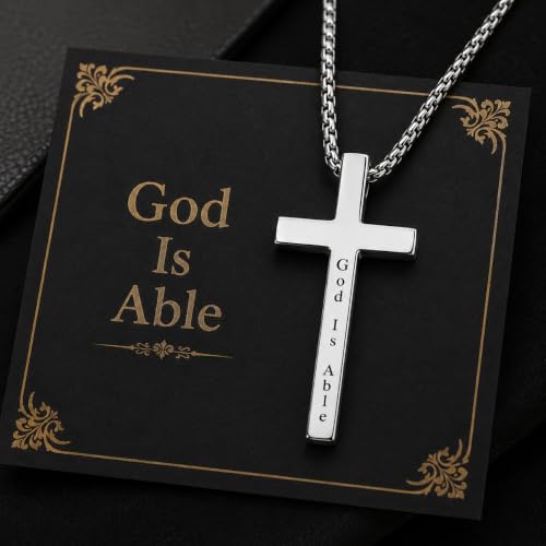 Engraved Cross Necklace for Men, Women & Boys & Girls Cross Necklace, Stainless Steel Cross Pendant Necklace, Faith & Inspiration Christian Jewelry Gift - color: God Is Able