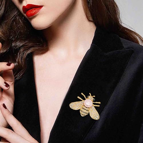 Honey Bee Brooches Crystal Insect Themed Bee Brooch Animal Fashion Shell Pearl Brooch Pin Gold Tone - color: Pink pearl