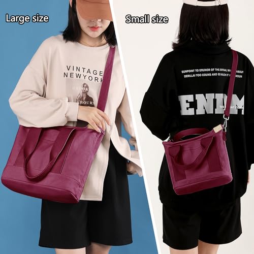 Canvas Tote Bag for Women,Small Totes Bags with Zipper Crossbody Purse with Pockets Large Shoulder Handbag,2 Sizes - color: Burgundy, size: Small