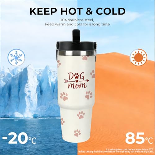 30 oz Dog Travel Mug with Handle and Straw, Cute Dog Mom Paw Pattern Stainless Steel Vacuum Insulated Tumbler, Water Bottle, Funny Dog Lover Gifts for Women - color: dog travel mug