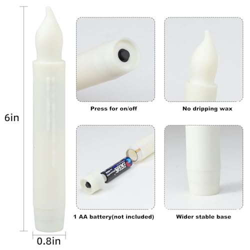 Lezonic Flameless Battery Operated Candlesticks Flickering, 24Pcs White LED Battery Christmas Window Candles, 6 Inch Short Taper Candles Hanging Halloween Floating by Touch, No Remote - color: 24pcs(Touch)