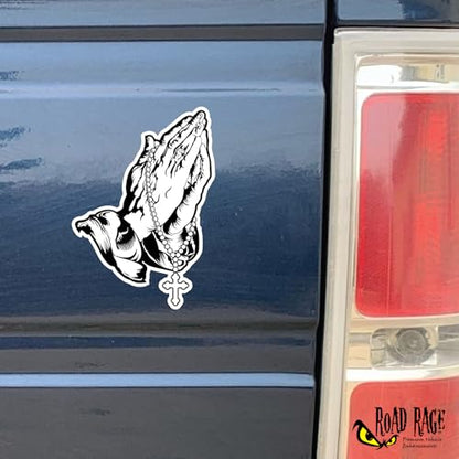 Praying Hands and Rosary Car Decal Show Off Your Faith - Premium Gloss Permanent Vinyl Sticker - Black & White - Waterproof and Weatherproof