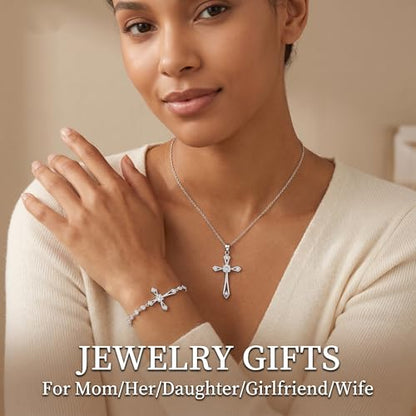 Cross Necklace for Women,925 Sterling Silver Faith Jewerly Gift - color: 04-April-White Diamond