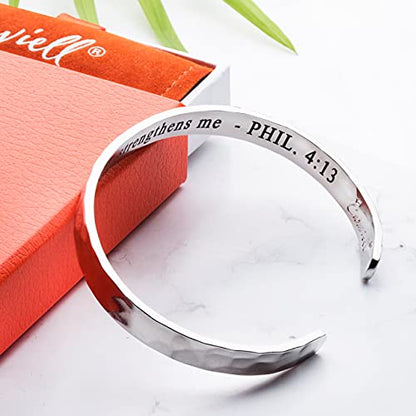 Carviell Bracelets for Women – 100+ Meaningful Engraved Messages – Solid 316L Surgical Stainless Steel Cuff Bracelet – Gift Ready - color: CHRISTIAN GIFT - I can do all things through Christ who strengthens me
