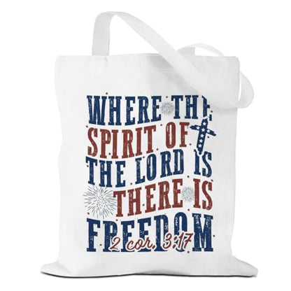VICBOU Bible Verse Canvas Tote Bag Religious Christian Gifts for Women Men Faith Canvas Tote Reusable Grocery Bag - color: Freedom