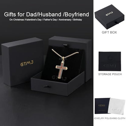 Wooden Cross Necklace for Men With Stainless steel And Black Ebony Adjustable Box Chain 24–26 inches Suitable for Everyday Wear And Christian Gifts for Men - color: Gold-C