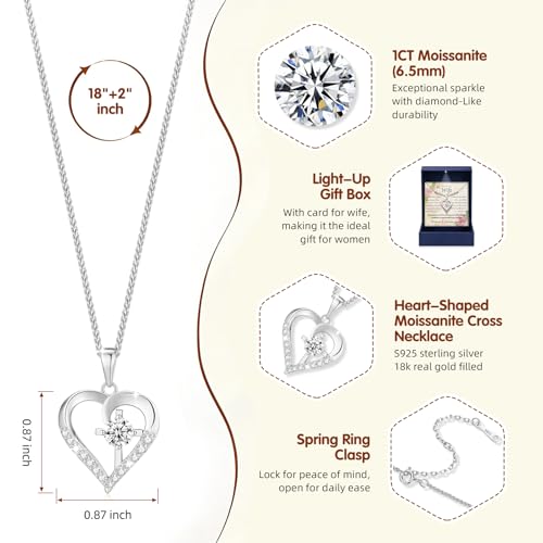 Moissanite Cross Necklace for Women in Light-Up Gift Box Heart Cross Jewelry 1CT Pendant for Women Gift Ideas for Wife Valentines Day Anniversary Birthday (S925 Sterling Silver/18K Real Gold Filled) - style: Silver with Card