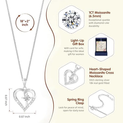 Moissanite Cross Necklace for Women in Light-Up Gift Box Heart Cross Jewelry 1CT Pendant for Women Gift Ideas for Wife Valentines Day Anniversary Birthday (S925 Sterling Silver/18K Real Gold Filled) - style: Silver with Card