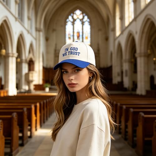 Embroidered Christian Two-Tone Baseball Cap for Men & Women, Adjustable Dad Hat Christmas Easter Gift - color: In God We Trust, Navy Blue/Beige