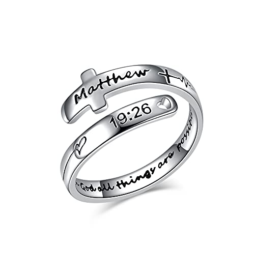 POPLYKE Cross Rings Sterling Silver Faith Adjustable Wrap Rings for Women Inspirational Jewelry Gifts - color: Silver