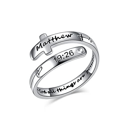POPLYKE Cross Rings Sterling Silver Faith Adjustable Wrap Rings for Women Inspirational Jewelry Gifts - color: Silver