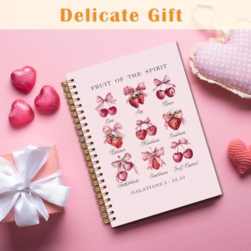 JINYO Coquette Pink Bow Cherry Strawberry Christian Notebook, Fruit of the Spirit Bible Notebook, Prayer Journal for Woman, Church Notes Journal, Scripture Spiral Notebooks 5.5x8.3 Inch（Pink） - color: white Cherry Strawberry Notebook