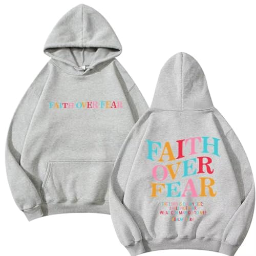 Faith Over Fear Hoodie Womens Christian Graphic Cute Hoodies Cotton Blend Sweatshirt Casual Tops - color: Grey, size: Large