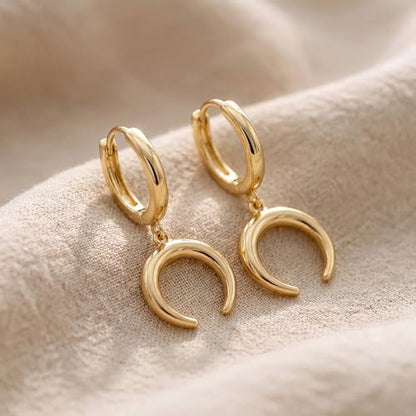 MYEARS Women Earrings Gold Huggie Hoop Dangle Drop 14K Gold Plated Small Simple Hypoallergenic Everyday Jewelry - style: Horn Moon