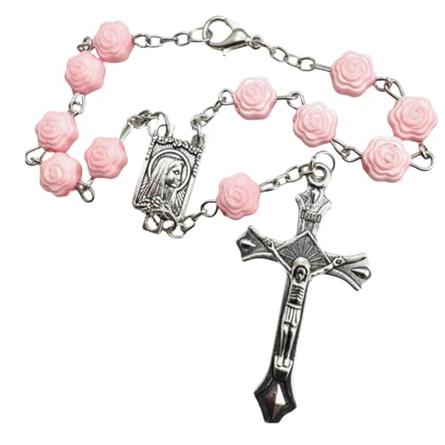 St Therese Rosary with Pink Rose Beads Metal Crucifix & USA Made Holy Card