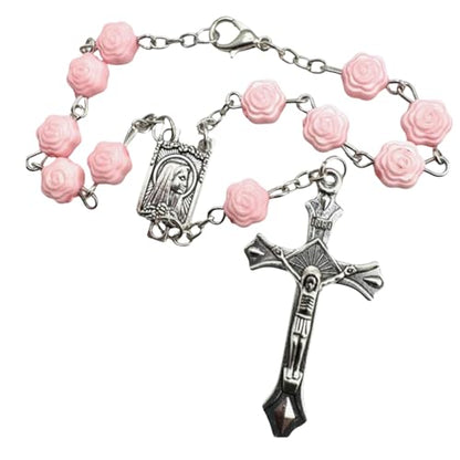 St Therese Rosary with Pink Rose Beads Metal Crucifix & USA Made Holy Card