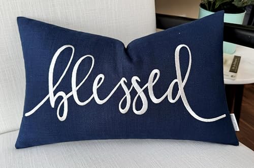 EURASIA DECOR Blessed Embroidered Lumbar Pillow Cover 12x20, Navy Blue - color: Navy Blue