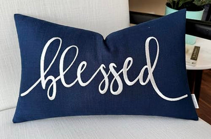 EURASIA DECOR Blessed Embroidered Lumbar Pillow Cover 12x20, Navy Blue - color: Navy Blue
